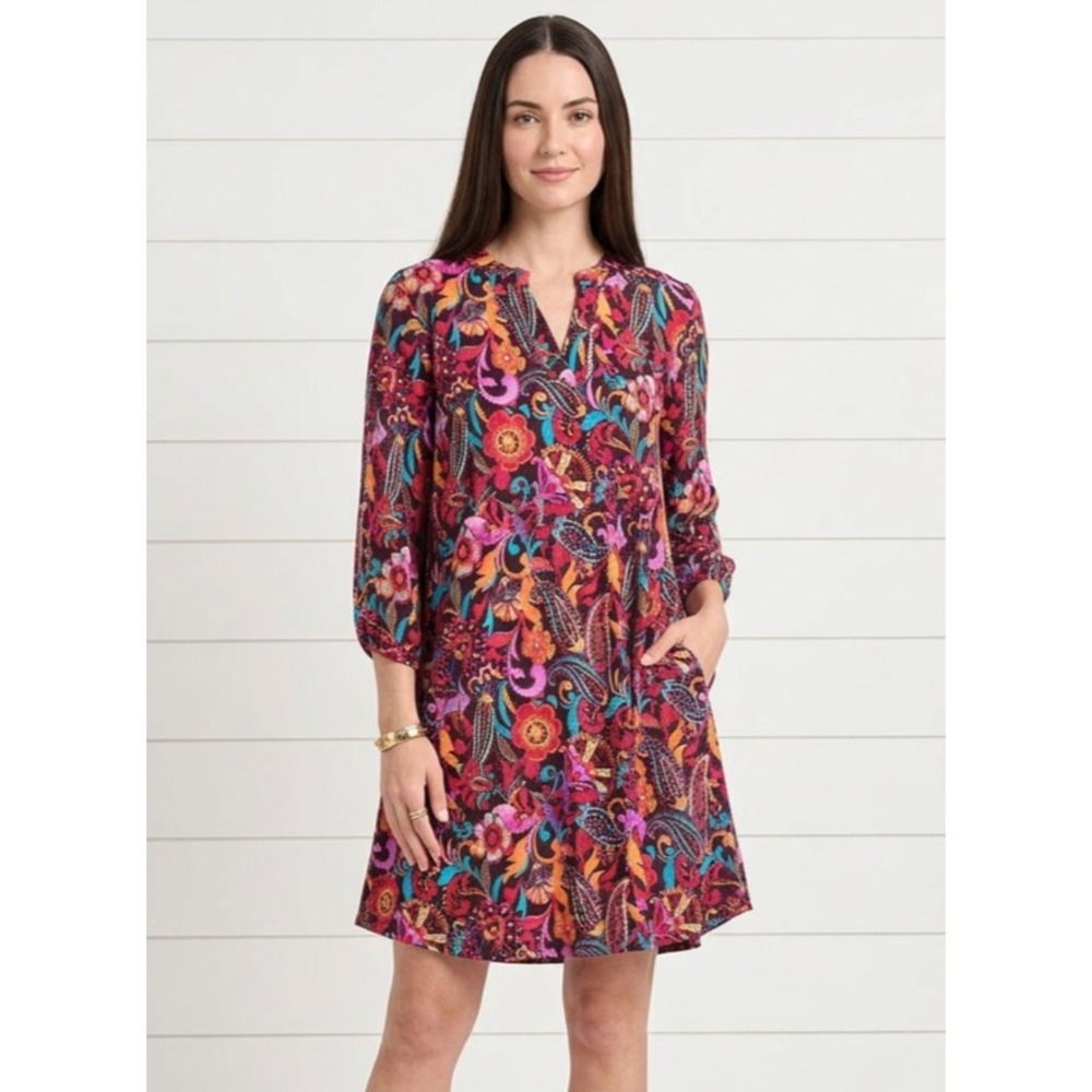 Dear Scarlett MEDIUM A Line Dress Chocolate Paisley Pockets Roll Tab Sleeves NWT